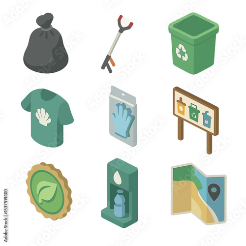 Beach Cleanup Icon Set. Isometric Flat icon set of beach cleanup initiative: trash bag, litter picker, recycling bin, volunteer