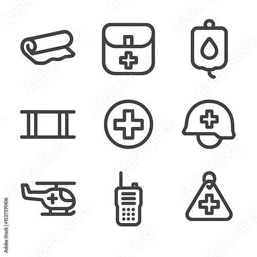 Battlefield Medic Icons. Outline icon set of battlefield medic kit: combat bandage, field medic pouch, blood pack, field stretcher