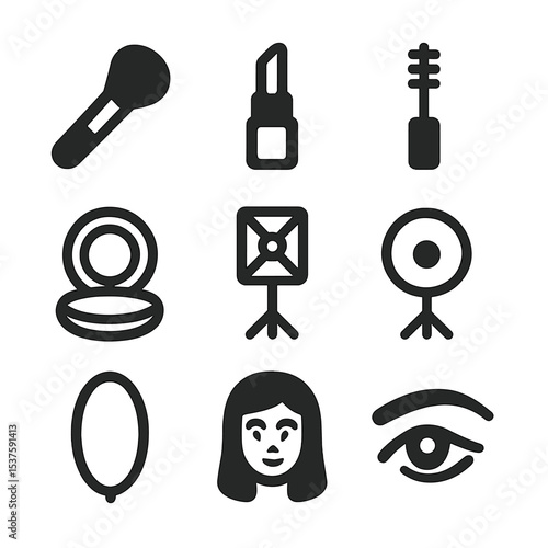 Beauty Icon Set. Solid, Filled icon set of beauty portrait photography: makeup brush, lipstick, mascara, compact mirror, softbox