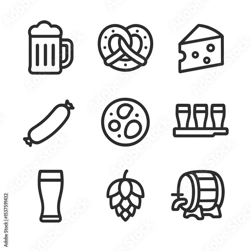 Beer Tasting Icons. Outline icon set of beer and food sampling: Beer mug, Pretzel, Cheese wedge, Sausage link, Charcuterie slice,