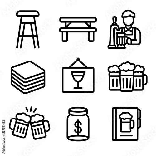 Beer Culture Icons. Outline icon set of beer culture and service: pub stool, beer garden table, bartender tap, coaster stack,