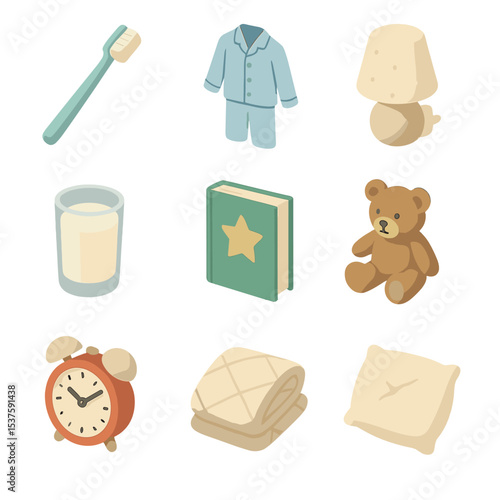 Bedtime Essentials Icons. Isometric Flat icon set of bedtime routine essentials: toothbrush, pajamas, night light, glass of milk,