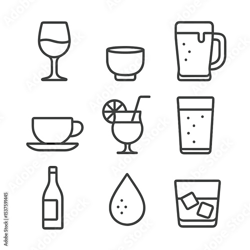 Beverage Pairings Icons. Outline icon set of beverage pairings with tuna steak: white wine glass, sake cup, craft beer pint, green