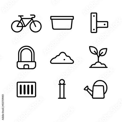 Bike Rack Planter Icons. Outline icon set of bike rack planters: bicycle silhouette, planter box, mounting bracket, bike lock,