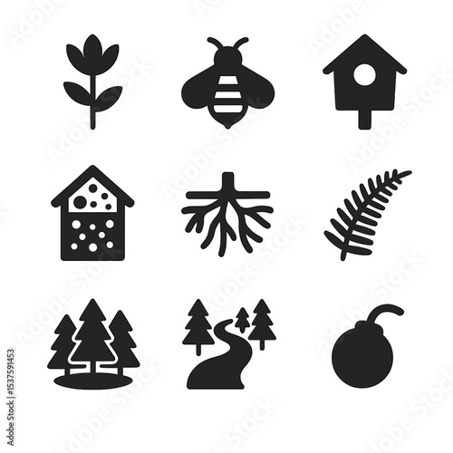 Biodiversity Icons Grid. Solid, Filled icon set of biodiversity enhancement: native plant, pollinator bee, birdhouse, insect hotel