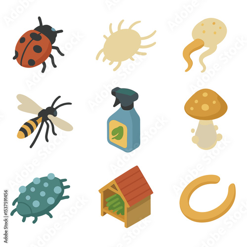 Biological Control Icons. Isometric Flat icon set of biological control in IPM: ladybug, predatory mite, entomopathogenic nematode