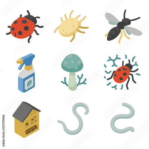 Biological Control Icons. Isometric Flat icon set of biological control in IPM: ladybug, predatory mite, entomopathogenic nematode