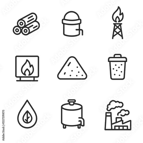 Biomass Energy Icons. Outline icon set of biomass energy: wood pellet, biogas digester, gas flare, combustion chamber, feedstock