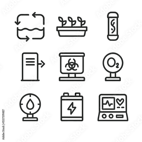 Bioregenerative Icon Set. Outline icon set of bioregenerative life support systems: water recycling loop, plant growth tray, algae