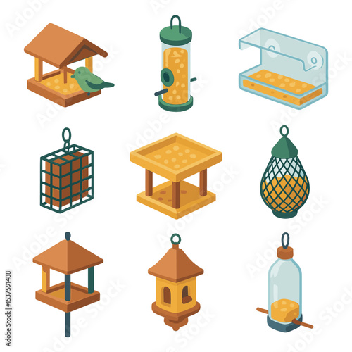 Bird Feeder Icons. Isometric Flat icon set of bird feeders: hopper feeder, tube feeder, window feeder, suet feeder, platform