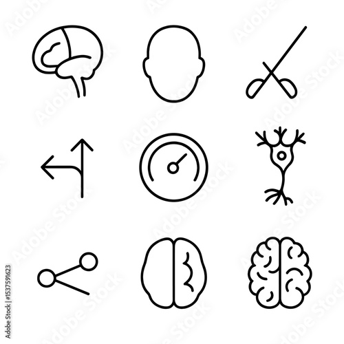 Brain Function Icons. Outline icon set of prefrontal cortex thinning: frontal lobe highlight, scalp outline, thin line, cut marker