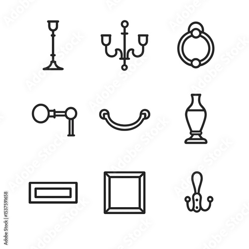 Brass Décor Icon Set. Outline icon set of brass home décor accents: candlestick, chandelier arm, door knocker, curtain rod finial,