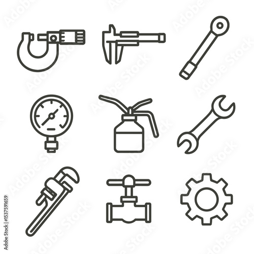 Brass Tool Icons. Outline icon set of brass mechanical tools: micrometer, caliper, torque wrench, pressure gauge, oil can, spanner