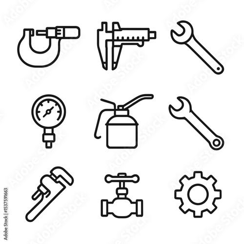 Brass Tool Icons. Outline icon set of brass mechanical tools: micrometer, caliper, torque wrench, pressure gauge, oil can, spanner