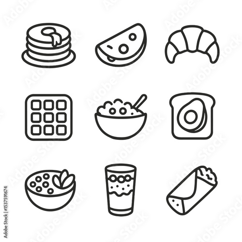 Breakfast Icon Set. Outline icon set of breakfast menu: pancake stack, omelette, croissant, waffle, cereal bowl, avocado toast,