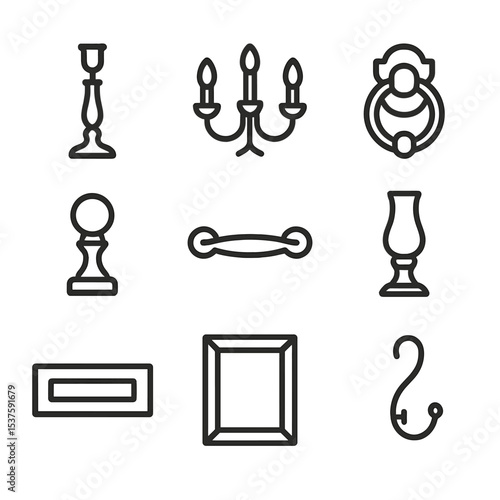 Brass Décor Icon Set. Outline icon set of brass home décor accents: candlestick, chandelier arm, door knocker, curtain rod finial,