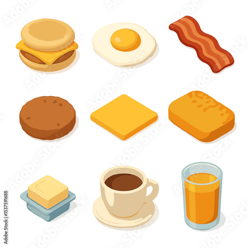 Breakfast Sandwich Icons. Isometric Flat icon set of breakfast sandwiches: english muffin, fried egg, bacon strip, sausage patty,