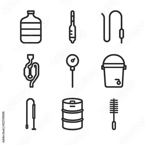 Brewing Equipment Icons. Outline icon set of brewing equipment tools: fermenter carboy, hydrometer, siphon tube, airlock, brew