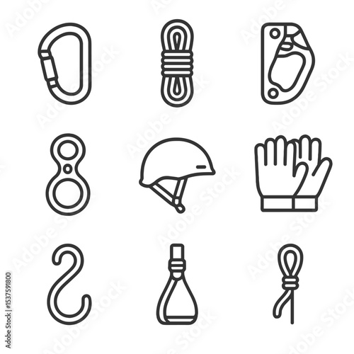 Canopy Climbing Gear Icons. Outline icon set of canopy climbing gear: carabiner, rope coil, ascender, descender, helmet, gloves,