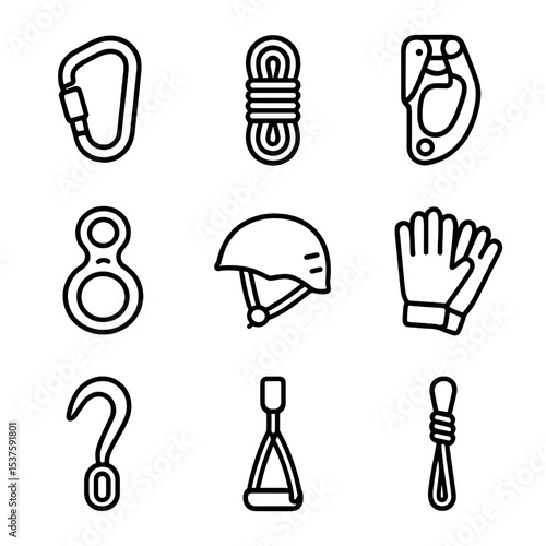 Canopy Climbing Gear Icons. Outline icon set of canopy climbing gear: carabiner, rope coil, ascender, descender, helmet, gloves,