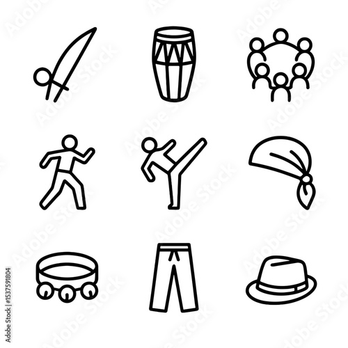 Capoeira Icon Set. Outline icon set of capoeira and martial dance: berimbau, atabaque drum, roda circle, ginga pose, meia-lua kick