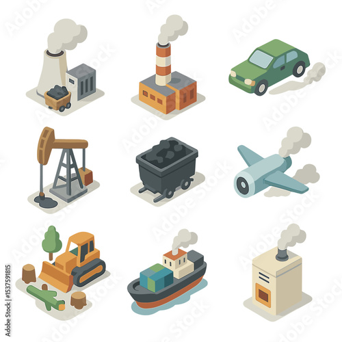 Carbon Emission Icons. Isometric Flat icon set of carbon emission sources: coal power plant, factory smokestack, car tailpipe, oil
