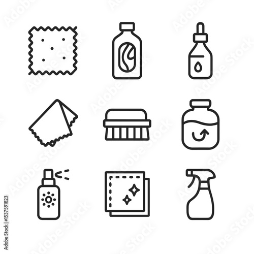 Care Icons Grid. Outline icon set of care and maintenance: dust cloth, wood polish, furniture oil, microfibre cloth, cleaning