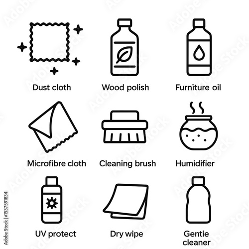 Care Icons Grid. Outline icon set of care and maintenance: dust cloth, wood polish, furniture oil, microfibre cloth, cleaning
