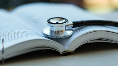 A detailed close-up of a stethoscope resting on an open medical journal with a focus on the stethoscope’s diaphragm and journal text, set against a well-lit, neutral background