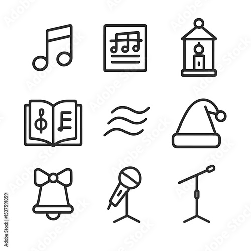 Carol Singing Icons. Outline icon set of carol singing and music: music note, sheet music, choir mike, candle lantern, songbook,