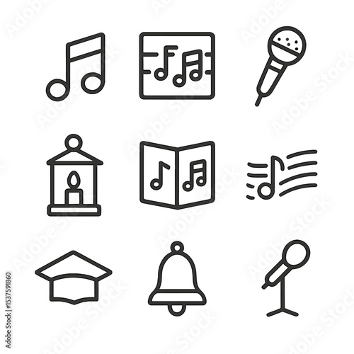 Carol Singing Icons. Outline icon set of carol singing and music: music note, sheet music, choir mike, candle lantern, songbook,