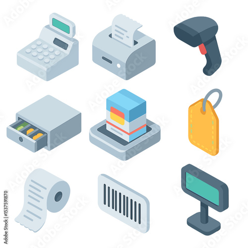 Cash Register Operations Icons. Isometric Flat icon set of cash register operations: cash register, receipt printer, barcode