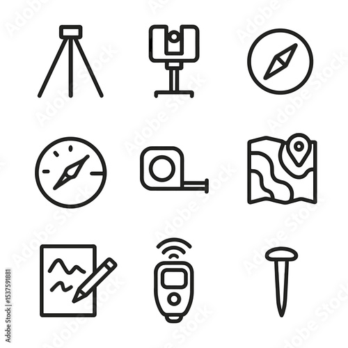 Cave Mapping Tools Icons. Outline icon set of cave mapping tools: survey tripod, laser scanner, compass, clinometer, measuring