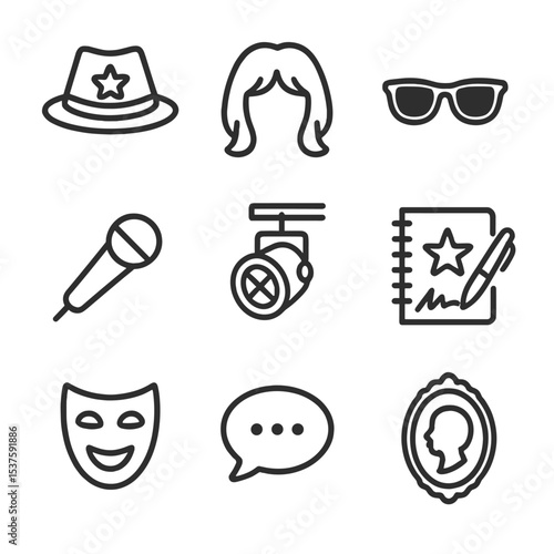 Celebrity Icon Set. Outline icon set of celebrity impersonations: star hat, wig, sunglasses, microphone, stage spotlight,