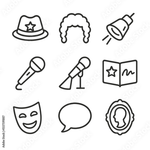 Celebrity Icon Set. Outline icon set of celebrity impersonations: star hat, wig, sunglasses, microphone, stage spotlight,