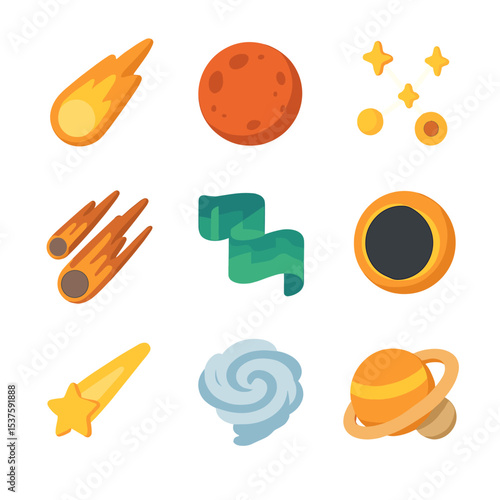 Celestial Icons Set. Isometric Flat icon set of Celestial signs and omens: blazing comet, blood moon, star alignment, meteor