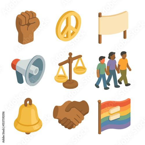 Civil Rights Icons. Isometric Flat icon set of civil rights movement symbols: raised fist, peace sign, protest banner, megaphone,