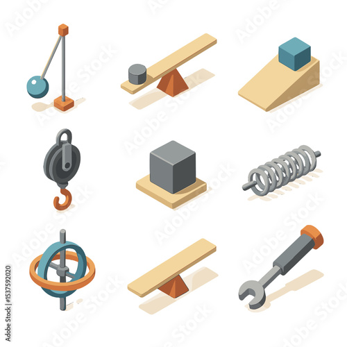 Classical Mechanics Icons. Isometric Flat icon set of classical mechanics elements: pendulum, lever, inclined plane, pulley, mass