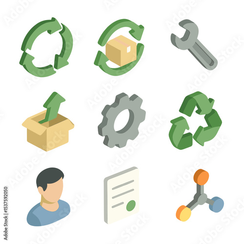 Circular Economy Icons. Isometric Flat icon set of circular economy frameworks: circular arrows, product lifecycle diagram, repair