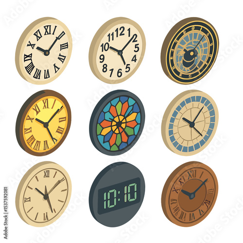 Free Download Isometric Clock Icon Grid. Isometric Flat icon set of clock tower faces: Roman numeral dial, Arabic numeral dial, astronomical - GFXLoad