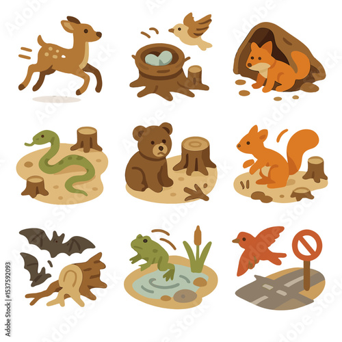 Clearcut Wildlife Displacement Icons. Isometric Flat icon set of wildlife displacement from clearcut: fleeing deer, displaced bird