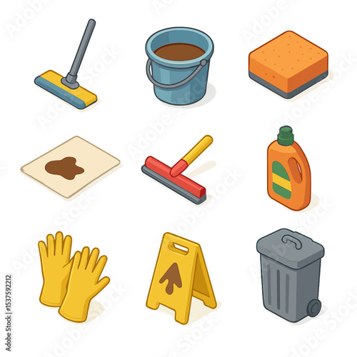 Coffee Spill Tools. Isometric Flat icon set of coffee spill cleanup tools: mop, bucket, sponge, absorbent cloth, squeegee,