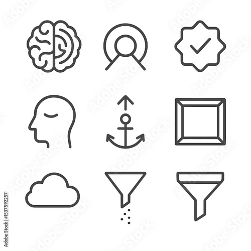 Cognitive Bias Icons. Outline icon set of cognitive biases in uncertainty: brain with maze, tunnel vision icon, confirmation badge