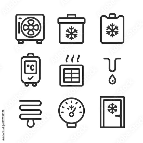 Cold Chain Icon Set. Outline icon set of cold chain transport: reefer unit, insulated box, ice pack, temperature logger, airflow