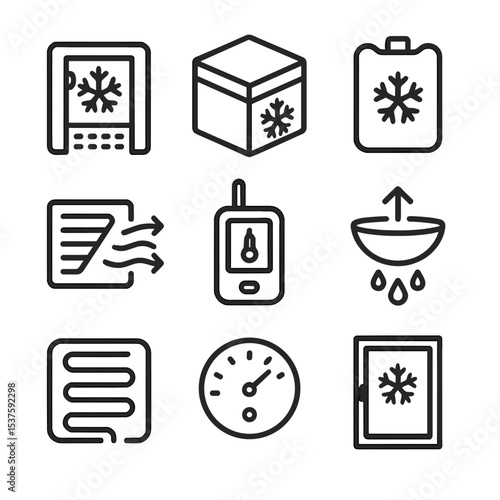Cold Chain Icon Set. Outline icon set of cold chain transport: reefer unit, insulated box, ice pack, temperature logger, airflow