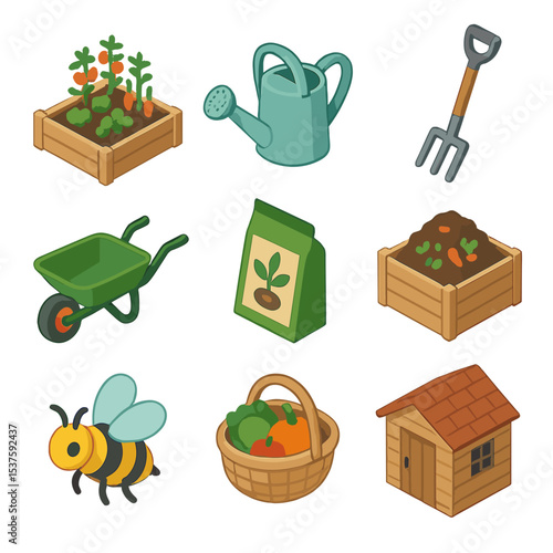 Community Garden Icons. Isometric Flat icon set of community garden badges: raised bed plot, watering can, garden fork,