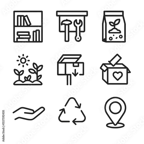 Community Resource Icons. Outline icon set of resource sharing in community: library bookshelf, tool bench, seed bank, community