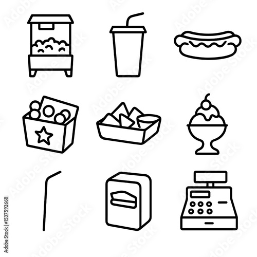 Concession Stand Icons. Outline icon set of concession stand treats: popcorn machine, soda cup, hot dog, candy box, nacho tray,