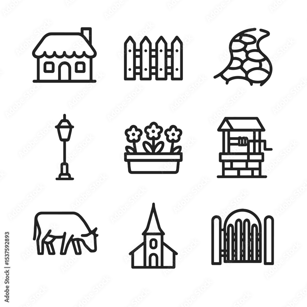 Countryside Icon Set. Outline icon set of countryside village calm: thatched cottage, picket fence, cobblestone path, lamppost, Countryside Icon Set. Outline icon set of countryside village calm: thatched cottage, picket fence, cobblestone path, lamppost,