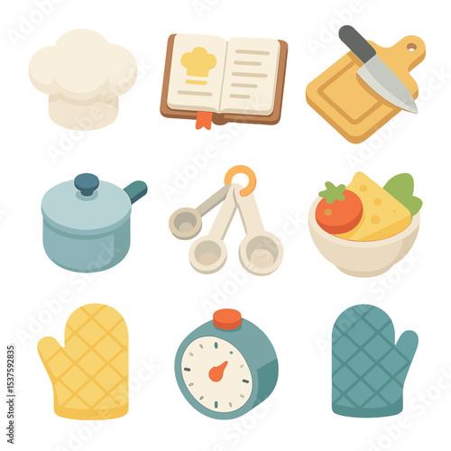 Cooking Icon Set. Isometric Flat icon set of Cooking textbook: chef’s hat, open recipe book, cutting board, knife, saucepan,